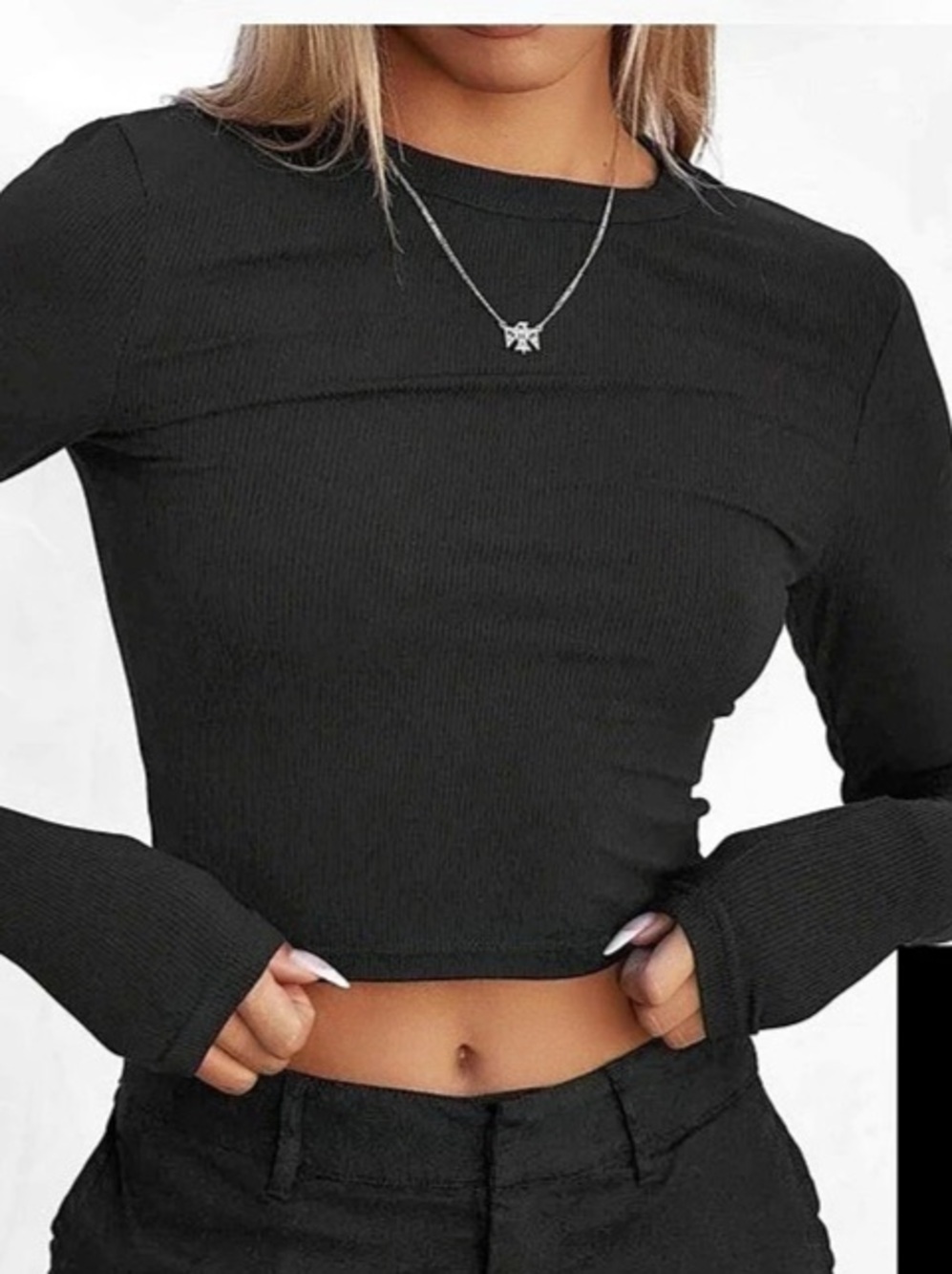All Things Golden The Luxe Rib Long Sleeve Crop - Black in Black XS NWOT